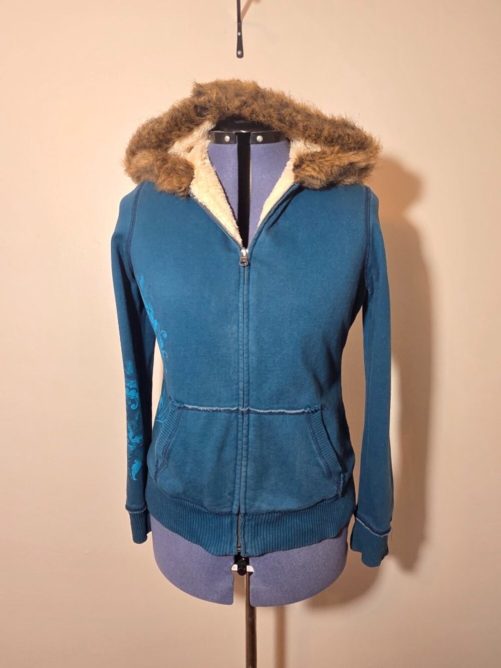 Mossimo Supply Co Y2K Faux Fur Trim Zip Up Sweatshirt with Floral Accent
